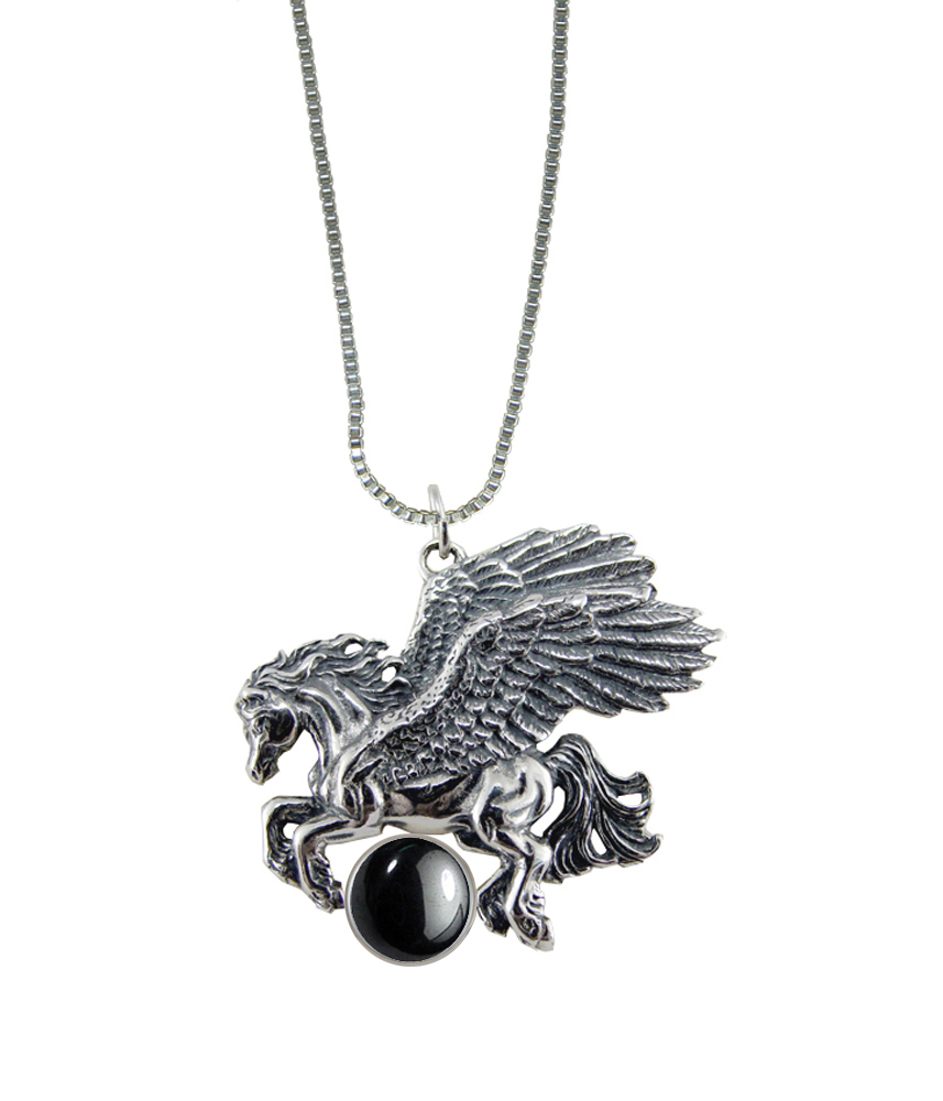 Sterling Silver Detailed Winged Horse Pegasus Pendant With Hematite